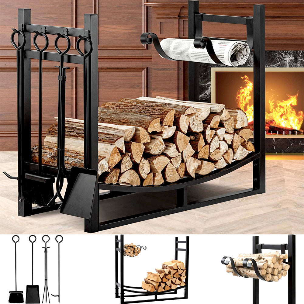 Firewood Log Rack Steel Fireplace Wood Storage Holder with Tools Black