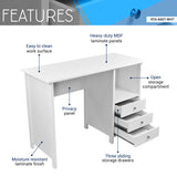 Modern White Desk - Small Wooden Computer Desk with 3 Storage Drawers