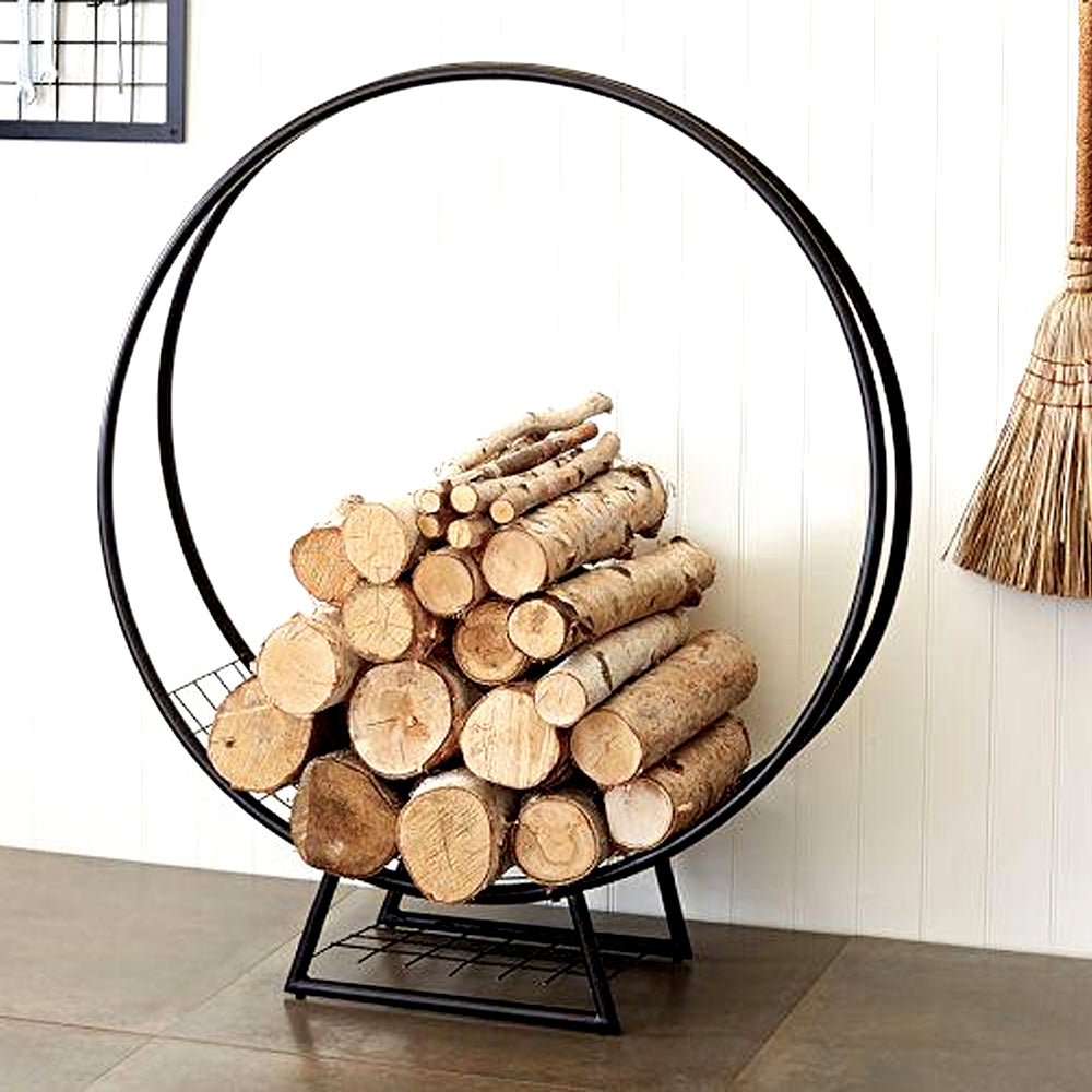 Contemporary Fireplace Freestanding Black Firewood Log Holder, Log