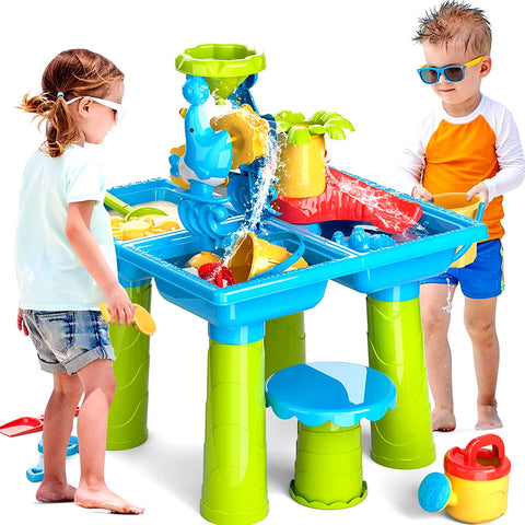 4-In-1 Sand & Water Play Table 32PCS Sandbox Table with Beach Sand Water Toys