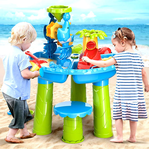 4-In-1 Sand & Water Play Table 32PCS Sandbox Table with Beach Sand Water Toys